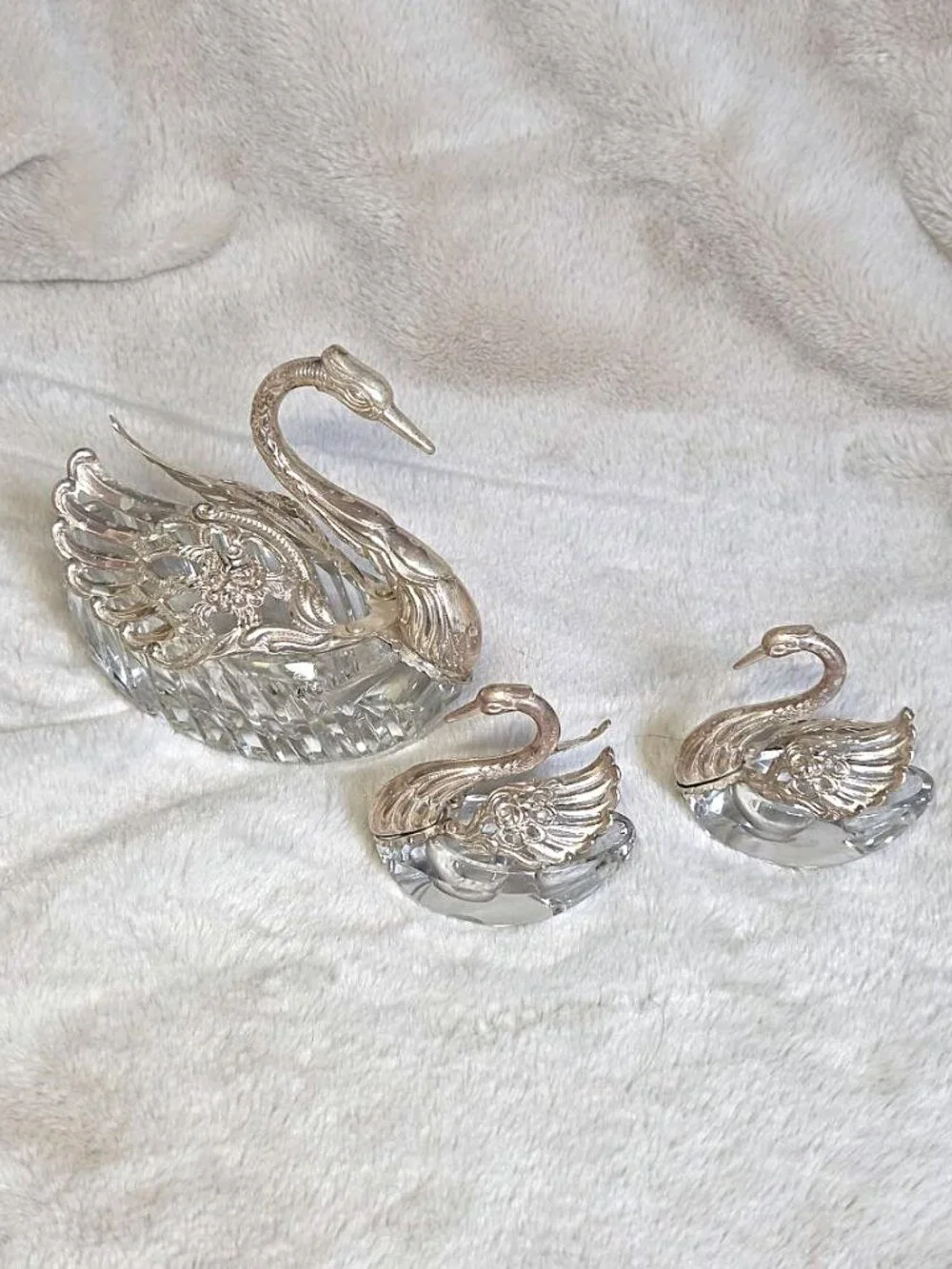 Vintage German Sterling Silver & Crystal Swan Master Salt Cellar Set of 3 - #F